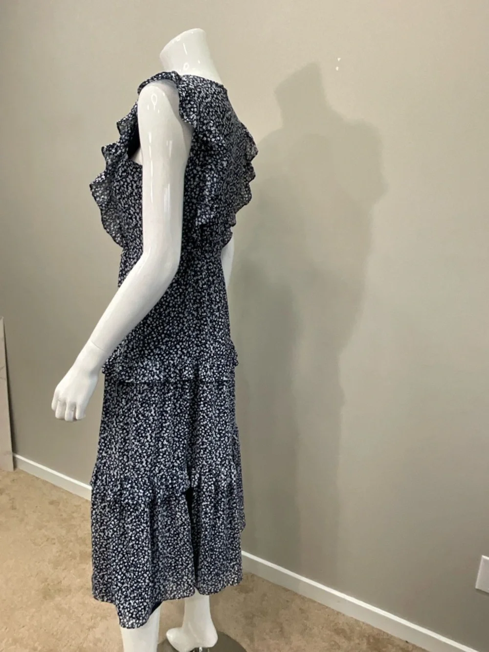 J.CREW Provence Smocked Waist Midi Dress Navy Floral Ruffle Sleeve Size 0